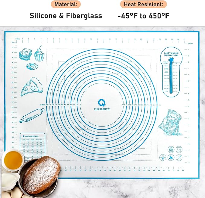 Silicone Baking Mat with Measurements, Pastry Mat for Rolling Dough, Fondant Mat Sheet for Pizza and Cookies, Pie Crust, Oven Liner, Counter Mat, 24''(W)32''(L) Blue