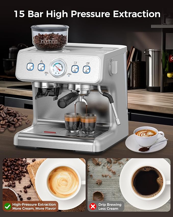COWSAR Espresso Machine with Grinder, 2025 Upgraded Espresso Machine 15 Bar, Expresso Machine with Milk Frother Steam Wand, 75 Oz Removable Water Tank for Cappuccino, Latte, Stainless Steel