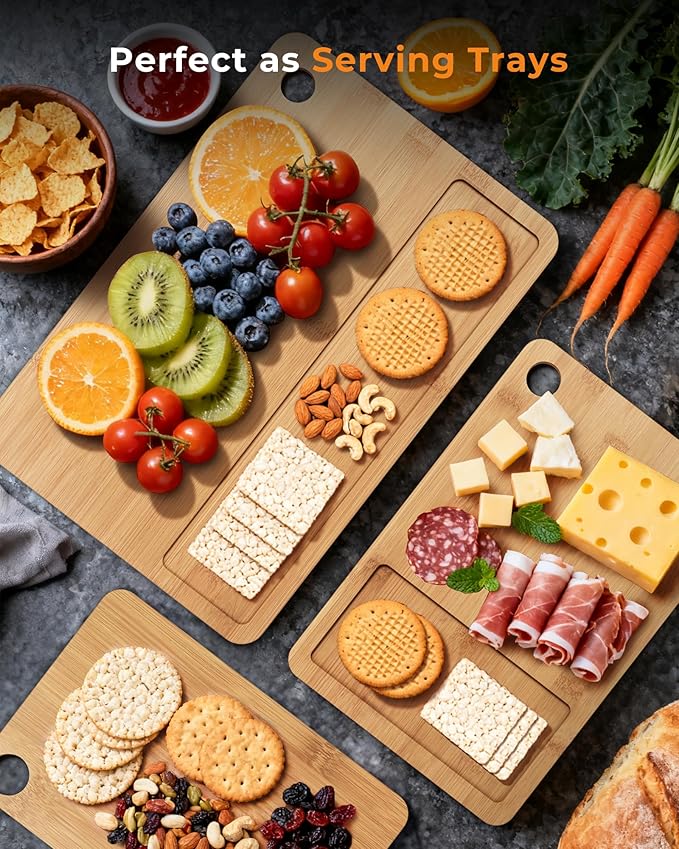 Carbonized Bamboo Cutting Board for Kitchen, Knife-Friendly Wooden Cutting Boards Set 3-Piece with Juice Groove, Durable Chopping Boards for Meat, Vegetables, Fruits, Cheese(Natural)