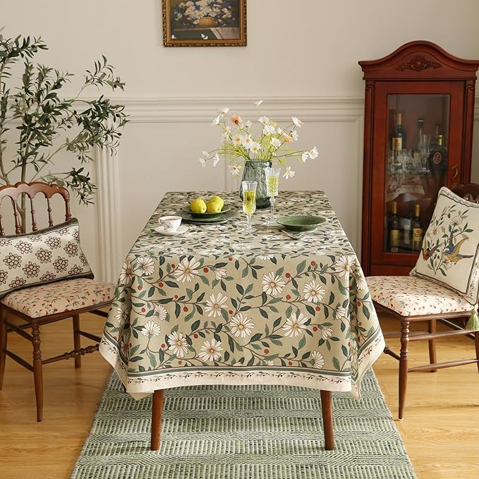 French Tablecloth, Linen/Polyester Blend, Rectangular, 118" x 67", Brune, Floral Pattern, Rustic Style, Dining Table Cover