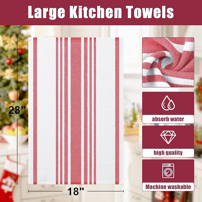 Homaxy Premium Kitchen Towels 18”x 28”, Large Cotton 380 GSM Kitchen Hand Towels, Stripe and Terry Dish Towel, Highly Absorbent Tea Towel Set with Hanging Loop, 6 Pack, Red