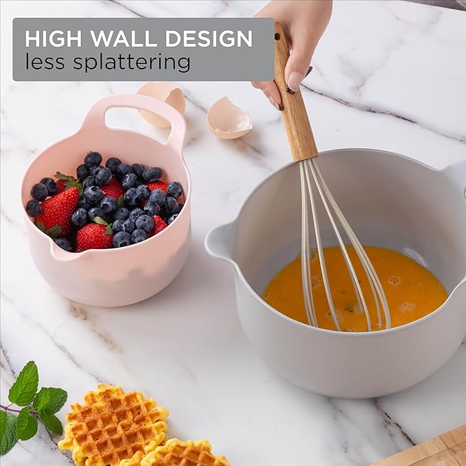 COOK WITH COLOR Nesting Plastic Mixing Bowl Set with Pour Spouts and Handles, Pink, 6 Piece Non-Slip