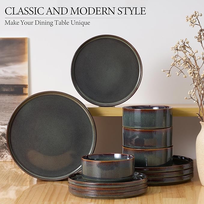 E-far 24-Piece Stoneware Dinnerware Sets, Plates and Bowls Sets for 8, Kitchen Modern Dinning Porcelain Dishes Set, Chip & Scratch Resistant, Dishwasher & Microwave Safe, Blackish Green