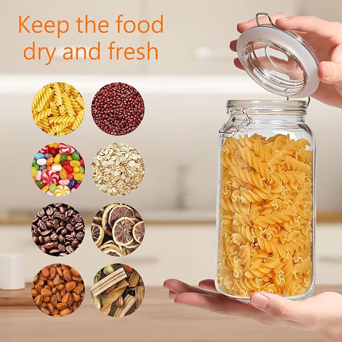 Airtight Glass Canister with Lids 78oz Food Storage Jar Square - Storage Container with Clear Preserving Seal Wire Clip Fastening for Kitchen Canning Flour, Cereal, Pasta, Sugar, Beans