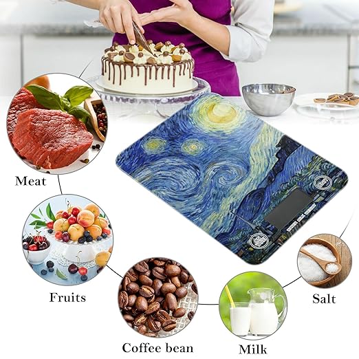 Food Scale Kitchen Digital Scale Food Ounces and Grams Dieting Baking Cooking Waterproof Glass Panels LCD Display,4 Units Scale Tare Function Vangogh Starry Night