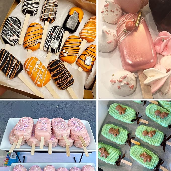 3pcs Large Silicone Popsicle Molds Set,BZIDII 4 Cavities Cake Pop Molds,Oval Ice Cream Bar Mold Ice Pop Cakesicle Molds Silicone with 100 Wooden Sticks & 100 Bags &100 Twist Ties(White)