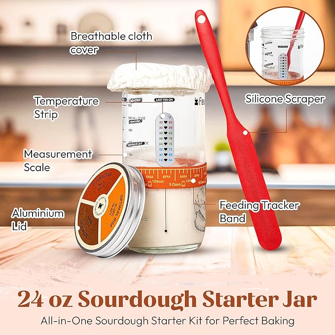 Sourdough Starter Kit with 9” Round & 10” Oval Banneton Bread Proofing Baskets, 24oz Starter Jar, Recipe Book & Tools – Complete Sourdough Bread Baking Supplies with Whisk, Scraper & Accessories