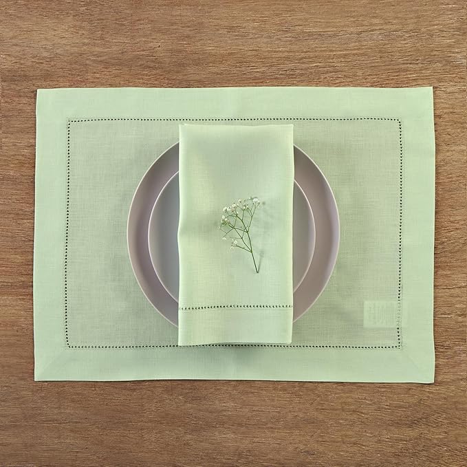Solino Home Linen Cloth Placemats Set of 4-100% Pure Linen Hemstitch Light Green Placemats 14 x 19 Inch - Classic Hemstitch Table Place Mats