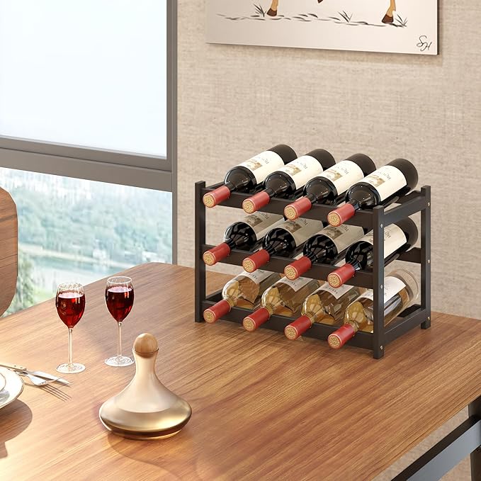 Wine Rack Countertop for 12 Wine Bottles and 4 Glass Holder, Small Bamboo Free Standing Racks Tabletop Display, Wooden Wine Storage Organizer for Cabinet Pantry Kitchen Bar Home Dining Room (Black)
