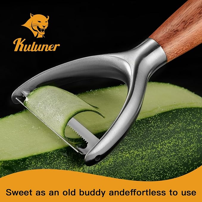 Serrated Blade Premium Y Type 304 Stainless Steel Multifunctional Kitchen Peeler Real Wood Handle Ultra Sharp Blade Vegetable Potato Apple(Aosuan)