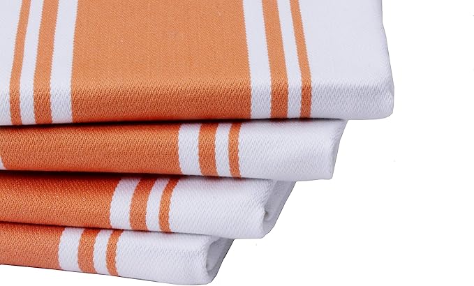AMOUR INFINI Kitchen Towels 100% Cotton Pack of 4, Highly Absorbent Quick Drying Premium Striped Dish Towel for Kitchen with Hanging Loop Hand & Tea Towels (Orange)