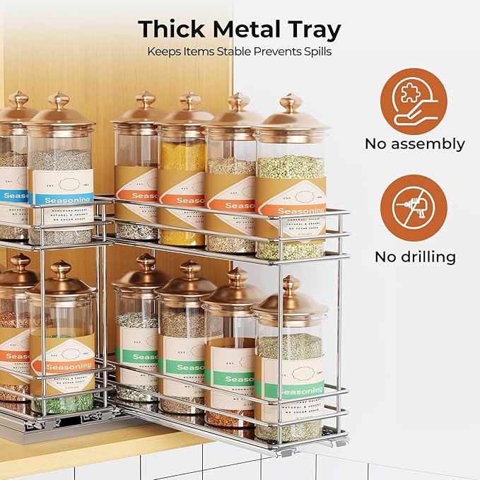 Pull Out Spice Rack Organizer for Cabinet, Slide Out Spice Racks, Easy to Install, 3.0''Wx10.35''Dx8.26''H, 2 Drawers 2 Tiers(Silver)