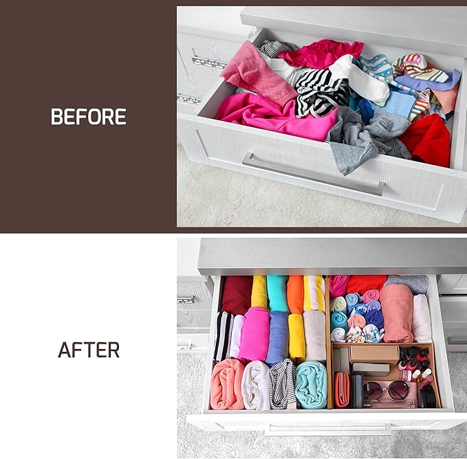 6 Pack Drawer Dividers 4 Inch High, 11”-17" Adjustable Bamboo Organizers Large Expandable Drawer Separators for Cloths, Dresser, Bedroom, Bathroom, Baby Drawer, Office & Kitchen Utensils (Natural)