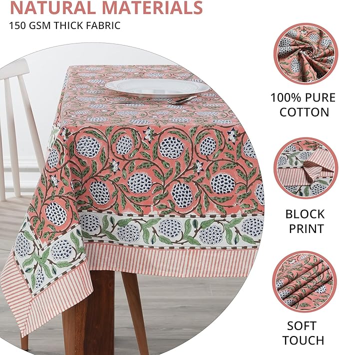 Ridhi Dark Salmon Pink Hand Block Print Cotton Rectangle Tablecloth 140 x 72 inch-Reusable Table Cover Decorative Everyday Use for Dining Room, Farmhouse, Thanksgiving, Christmas Wedding, Fall