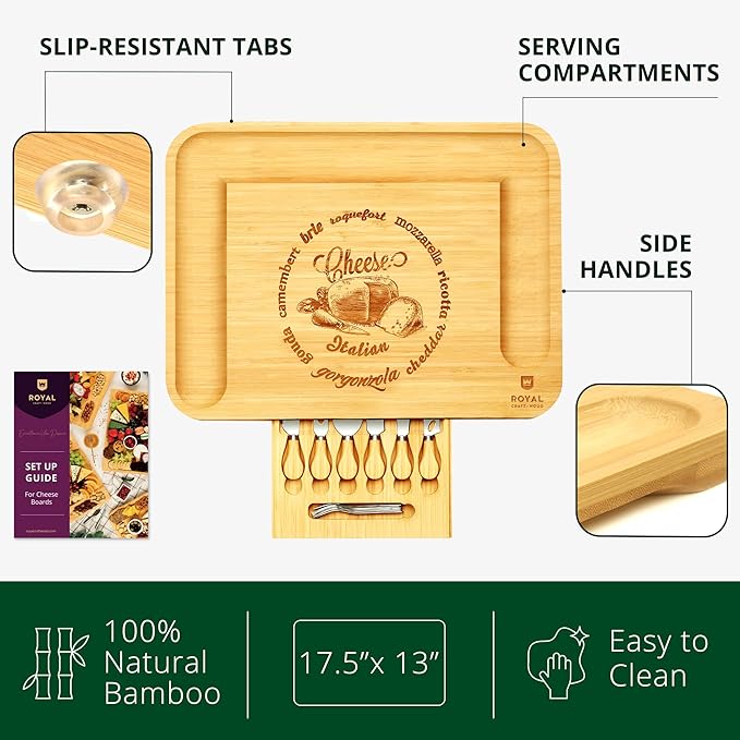 ROYAL CRAFT WOOD Extra Large Cheese Board - Bamboo Cheese Board and Knife Set - Charcuterie Board Set, Charcuterie Platter & Serving Tray