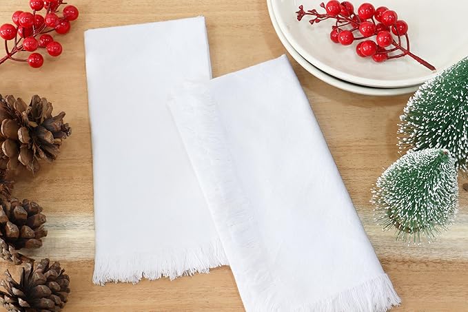PurpleEssences Cloth Napkins with Fringes, 100% Cotton Christmas Holiday Winter Table Decor, Set of 6 18x18 Inch Reusable Dinner Napkins for Parties and Weddings - White