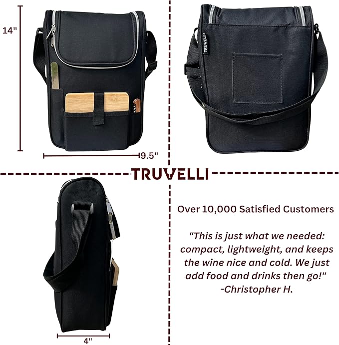 Truvelli Black Insulated Wine Tote Bag: Portable 2 Bottle Cheese Waterproof Black Canvas Carrier Picnic Kit - Stopper Attachment, Plus Wooden Charcuterie Board