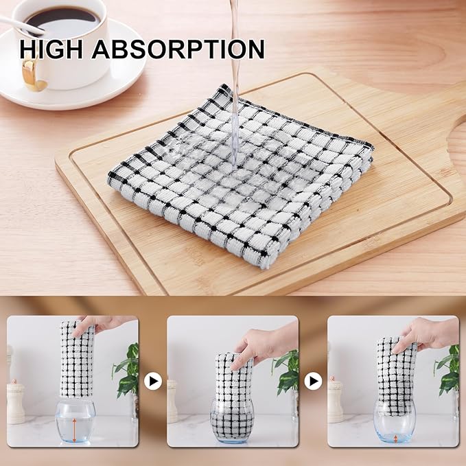 Kitinjoy Cotton 6 Pack Terry Kitchen Towels, 16 x 25 Inches Super Soft and Absorbent Dish Towels, Quick Drying Hand Towels for Kitchen Drying, Black