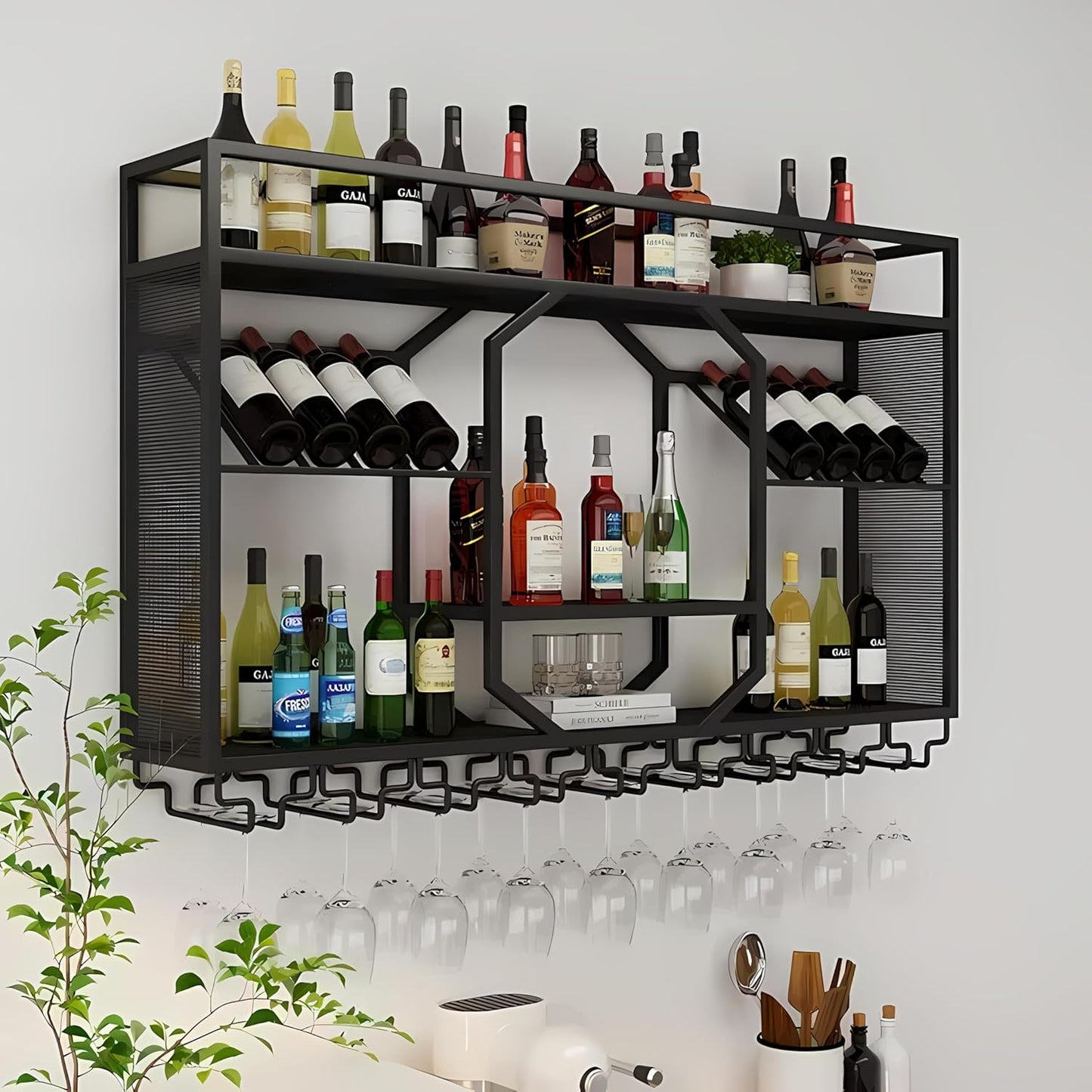 Wall Mounted Wine Rack, 3-Tiers Metal Bar Bottle Holder, Modern Wine Glass Storage Display Shelves, Wall Wine Rack for Kitchen Bar Dining Rooms Decoration ﻿ (Black, 55.11in/140cm)