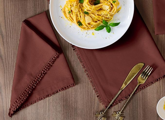 Bedding Craft Cotton Cloth Dinner Napkins Set of 12 – 18x18 Chili Oil with Decorative Lace Selvedge – Reusable Machine Washable Fabric Napkins for Weddings, Baby Showers, Parties & Table Décor