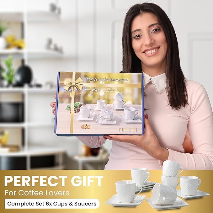 Turkish Coffee Cup Set of 6, Espresso Cups With Saucer 3 oz / 90 ml, Small, White, Modern with Embossed Pattern for Coffee, Expresso, Tazas de Cafe Bonitas Set Modernas, Elegantes