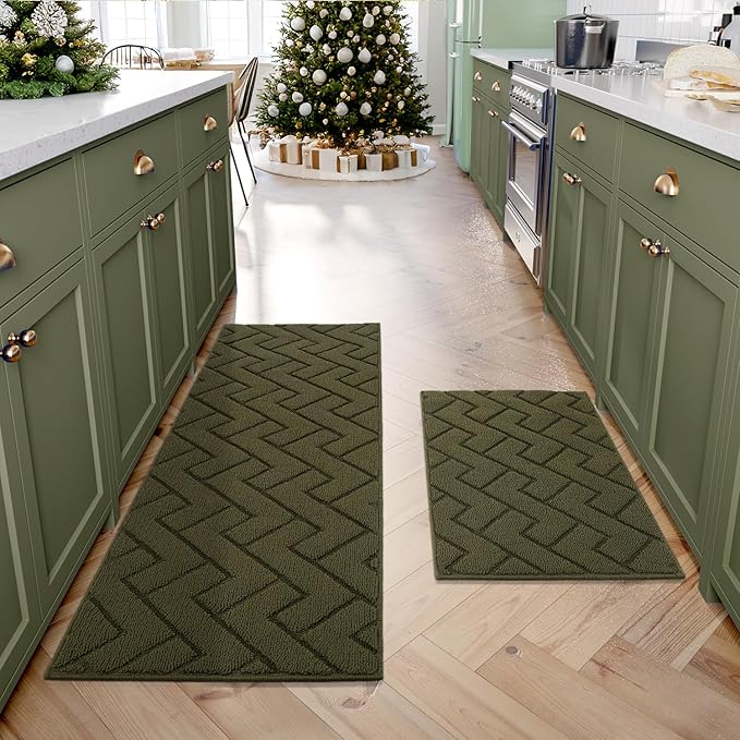 hicorfe Kitchen Rugs and Mats Sets,2 Pieces Super Absorbent Polypropylene Non-Slip Rug,Soft Comfort Floor Mat,Washable for Kitchen,Hallway,Office,Sink,Laundry(20" x 31.5" Plus 20" x 59",Oliver Green)