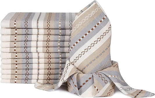 Multi Color Stripes Cotton Hemstich Napkin, Decorative Wedding Cocktail Mashine Washable Dinner Napkins with Mitered Corners - Pack of 12-18x18 Inch - Ivory Multi