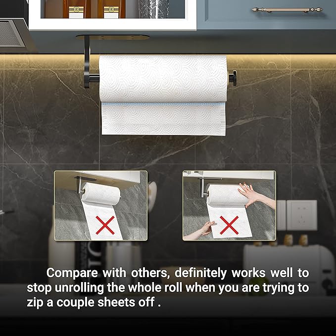 Paper Towel Holder Under Cabinet, One-Handed Tear, Wall Mount, Adhesive, Black, Paper Roll Holder with Ratchet Mechanism for Kitchen Bathroom Farmhouse Essentials Decor Accessories