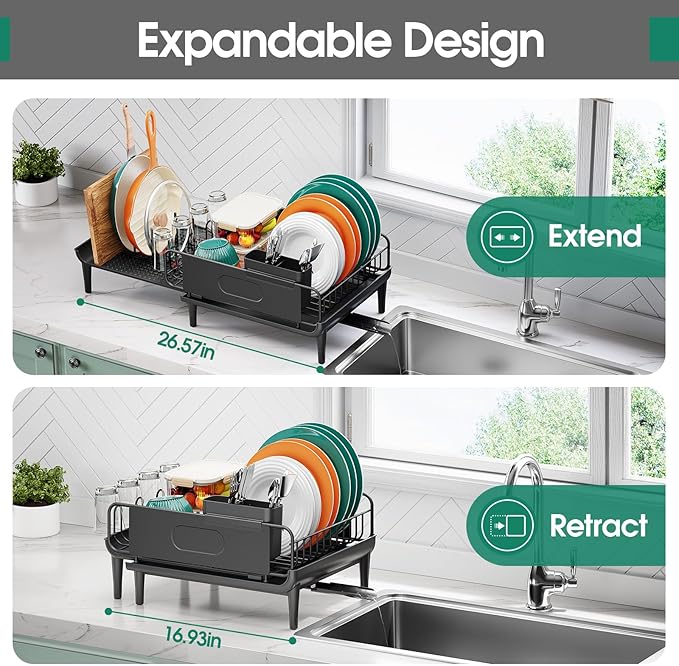 Extendable Dish Drying Rack for Kitchen Counter, Large Expandable Dish Rack with Multifunctional Drainboard for Pan Pot, Collapsible dish drainer, Foldable Plate Strainer for Home Countertop Storage