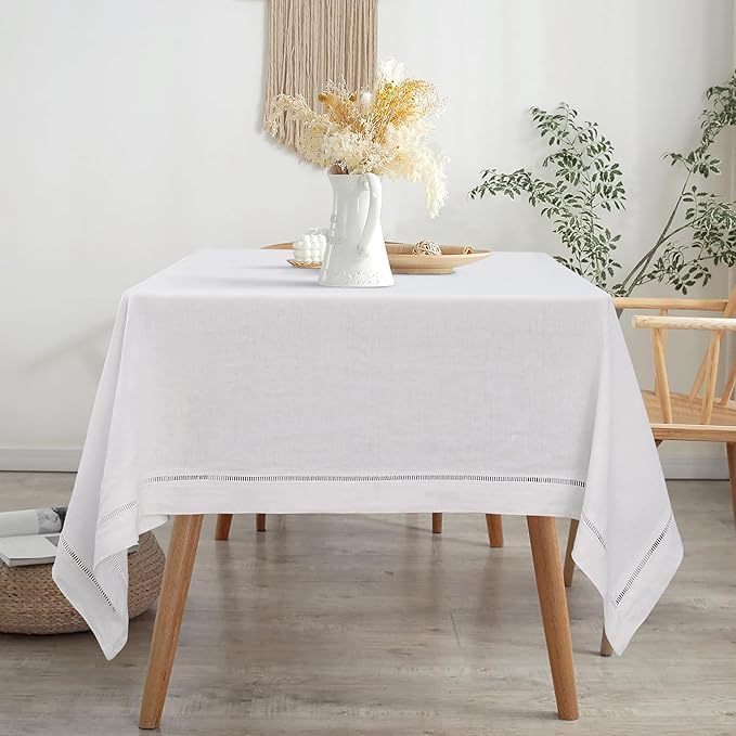 Linen World Hemstitch Linen Tablecloth, French Linen White Tablecloth 90" x 60" Inch, Washable Rectangular Table Cloth for Dining, Outdoor, Weddings and Restaurants, Decorative Valentine Easter