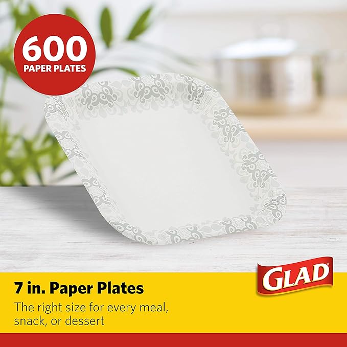 Glad Square Disposable Paper Plates, Grey Victorian Pattern - Strong, Sturdy, Soak Proof, and Microwavable Decorative Plates for Dinner and Everyday Use, 7 Inch, 50 Count - 12 Pack