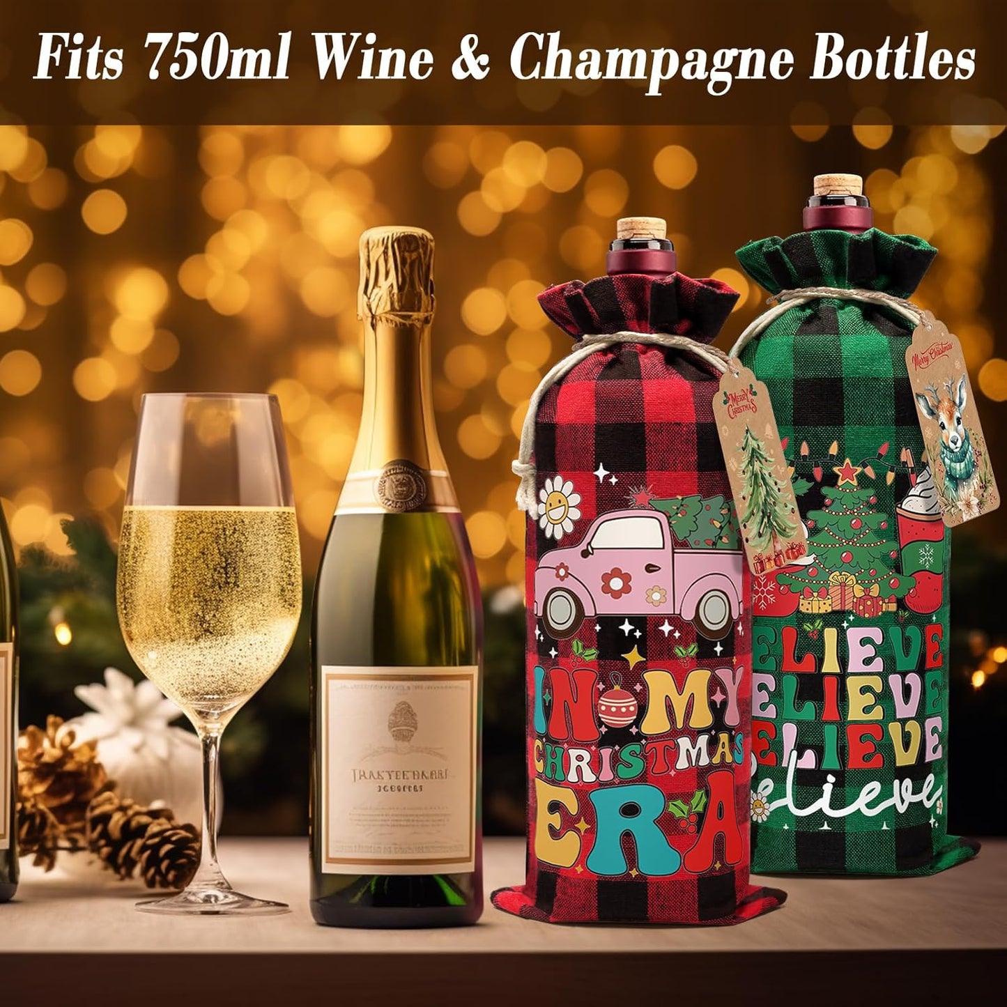 12PCS Burlap Wine Bag Christmas Wine Gift Bags, Drawstring Retro Christmas Bottle Cover Gift Bag w/ Tag, Buffalo Plaid Wines Bags for Bottles Gifts Reusable Bottle Covers for Xmas Holiday Party Decor
