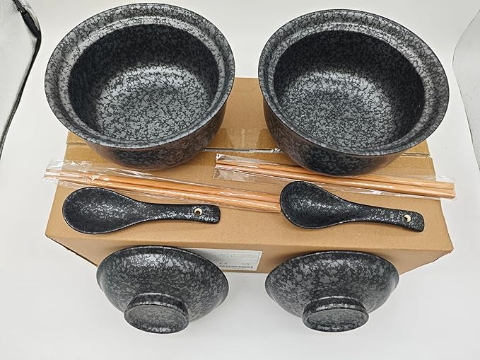 Ceramic Ramen Bowl Set, 800ml, with Lid, Spoon and Chopsticks, Japanese Vintage Large Soup Bowls Instant Noodle Bowl Asian Tableware (Black*2)