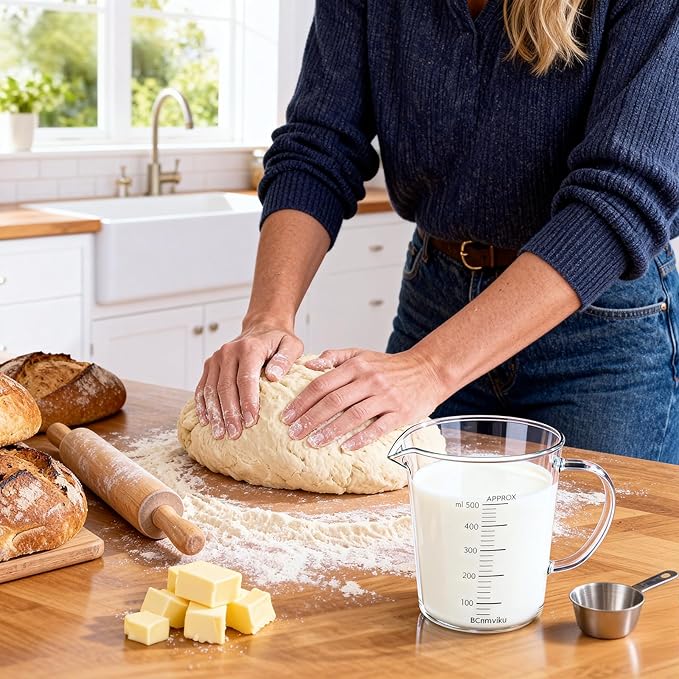 BCnmviku Glass Measuring Cups High Borosilicate [Insulated Handle | V-Shaped Spout]For Prepping Baking and Cooking Preheated Oven Dishwasher Freezer and Microwave Safe (500ml)