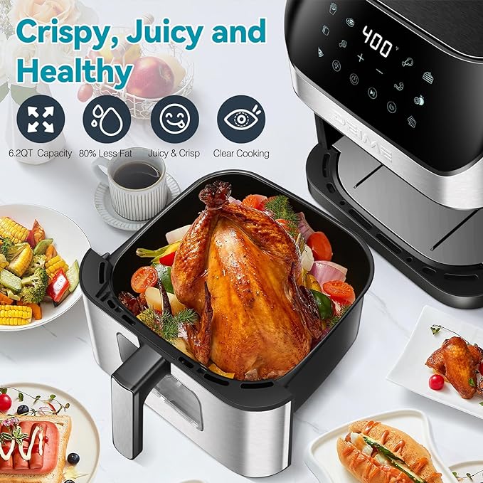 DEIME Air Fryer 6.5 QT Oilless Oven Large AirFryer Healthy Cooker with 10 1-Touch Preset, Visible Cooking Window, Non-Stick Basket & Dishwasher Safe