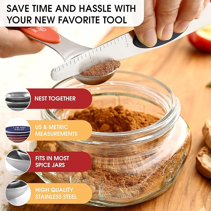 Spring Chef Stainless Steel Magnetic Measuring Spoons Set of 8 with Leveler, Nesting Teaspoon & Tablespoon Measuring Spoons, Kitchen Gadgets for Baking & Cooking, Fits in Spice Jars - Mountain Sunrise