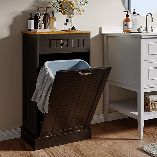 Tilt Out Trash Bin Cabinet Dog Proof Trash Can Holder Kitchen Island Without Garbage Bin or Tilt Out Laundry Hamper (Black)