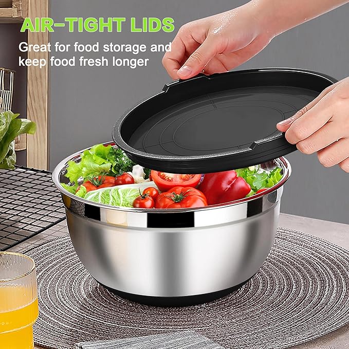 LIANYU Stainless Steel Nesting Mixing Bowls Set of 6, Size 7, 3.5, 2.5, 2, 1.5, 1QT, Large Metal Bowls with Airtight Lids, Ideal for Baking Cooking Food Storage, Non-slip Bottom, Black