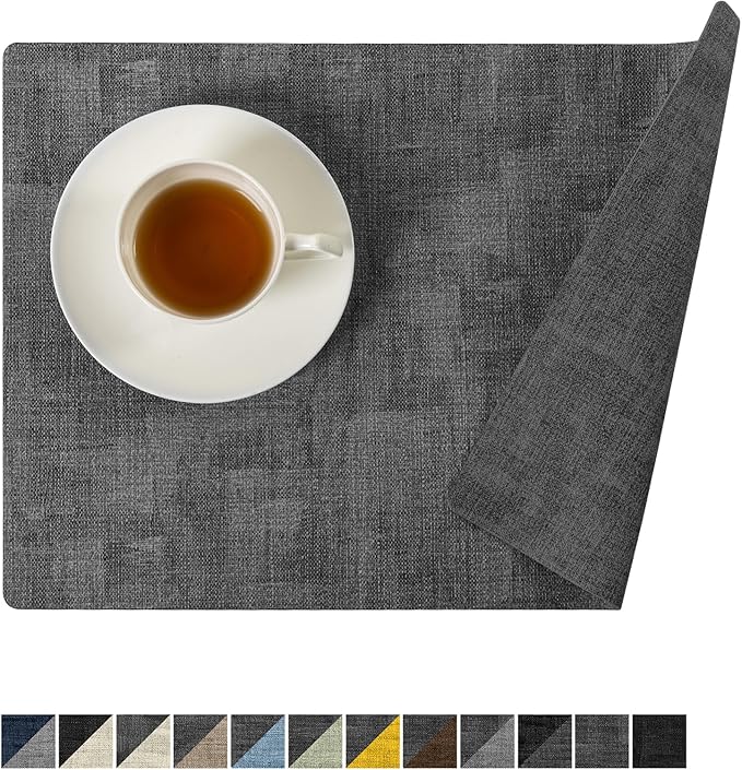 Romanstile Reversible Vinyl Placemats Set of 4, Faux Leather 100% Waterproof Oil-Proof Wipeable Place Mats, Heat Resistant Dual Sided Table Mats for Kitchen/Dining/Party (Dark Gray, 12 x 17 Inch)