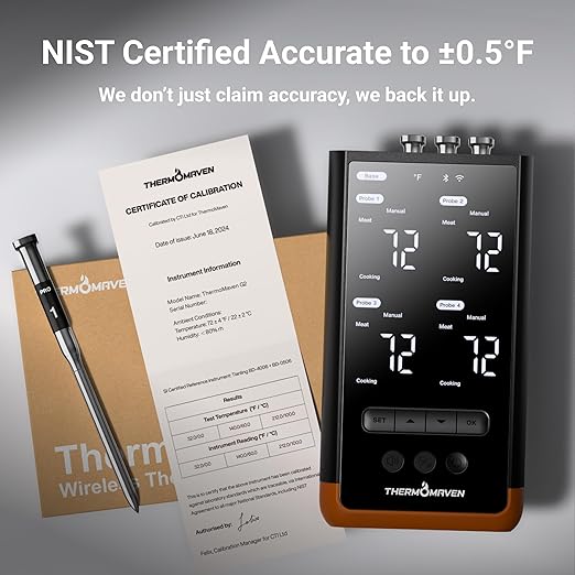 ThermoMaven Wireless Bluetooth Smart Meat Thermometer: Standalone Base, WiFi Thermometer with Sub-1G, 6 Sensors NIST Certified Accuracy, 4 Probes, for Kitchen, BBQ, Grill, Oven, Smoker, Rotisserie