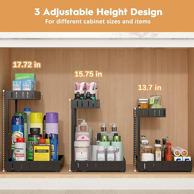 REALINN Under Sink Organizer, 2 Tier Expandable Under Cabinet Organizer, Heights Adjustable Pull Out Storage for Kitchen Bathroom Laundry, Black, 1 Pack