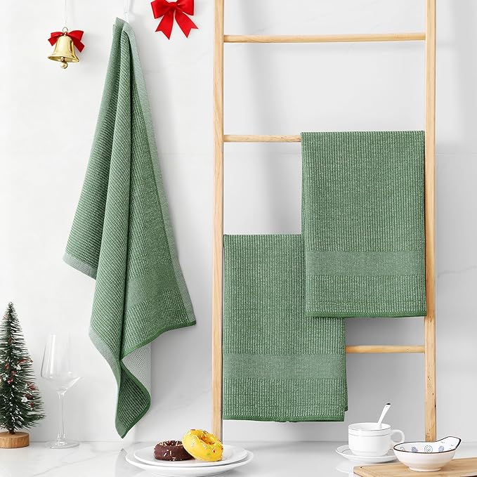 Homaxy Premium Kitchen Towels(18”x 28”, 12 Pack), Large Cotton Kitchen Hand Towels, Flat and Terry Dish Towels, 380 GSM Highly Absorbent Tea Towel Set with Hanging Loop, Grass Green