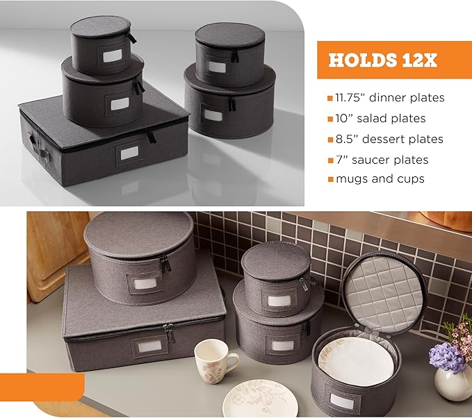 storageLAB China Storage Containers, Hard Shell Case with Felt Dividers for Charger Plates, and Dishes, Ideal for Kitchen Organization, Moving Supplies, and Fine China Storage - 5-Piece Set, Gray