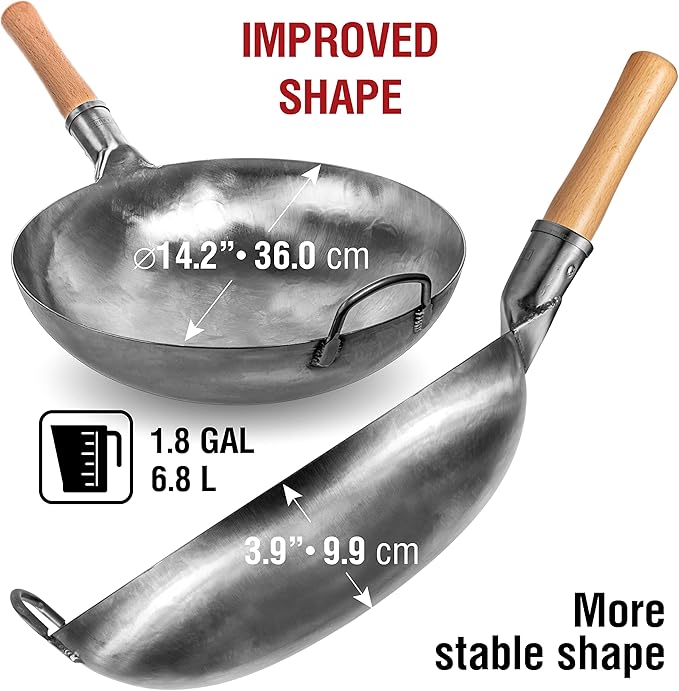 YOSUKATA 14” Round Bottom Carbon Steel Woks and Stir Fry Pans – Unseasoned Pow Wok for Stir Fry, BBQ & Camping – Hand-Hammered Traditional Japanese and Chinese Pan – Gas Stove, Open Fire Only