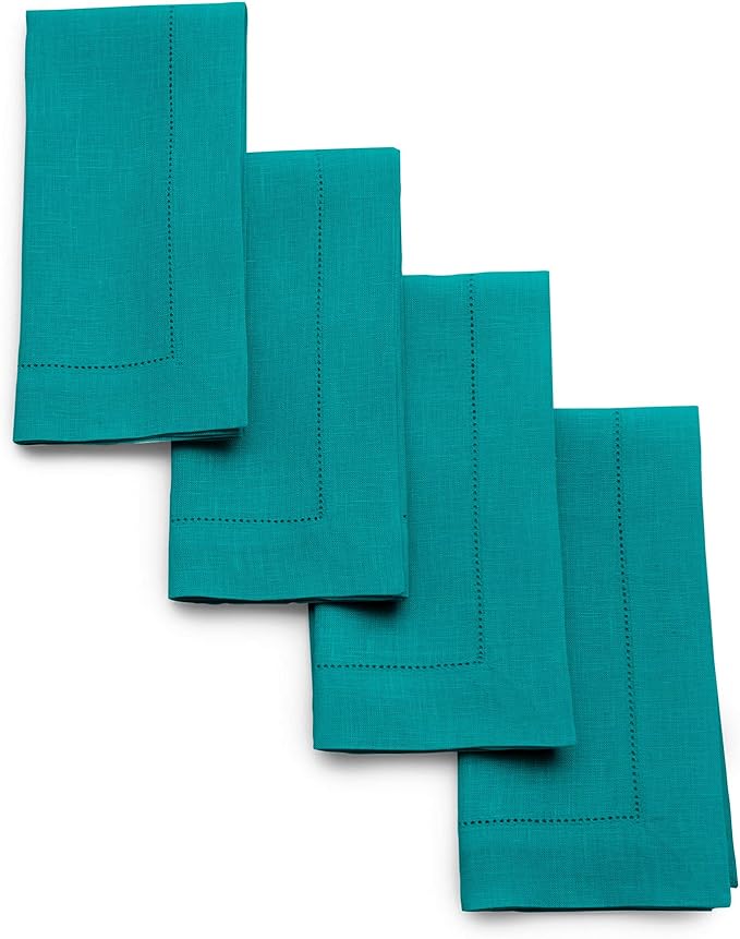 Solino Home Linen Napkins Set of 4 - Classic Hemstitch 100% Pure Linen Teal Dinner Napkins Cloth 20 x 20 Inch for Fall, Autumn, Thanksgiving, Christmas - Handcrafted and Machine Washable