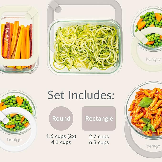 Bentgo Signature Leak-Proof Glass Food Storage - 10-Piece Set, 1-Compartment Plastic-Free Containers with Airtight Glass Lids, BPA-Free, Microwave, Freezer, Oven & Dishwasher Safe (White Stone)