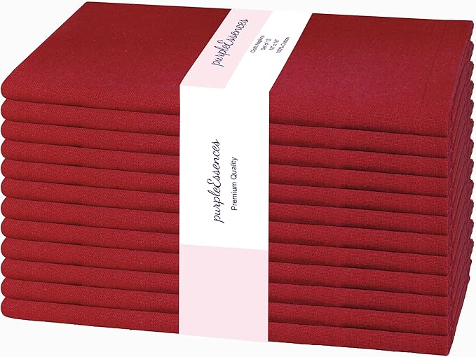 PurpleEssences Set of 12 Cloth Dinner Napkins 100% Cotton 18x18 Inch - Soft Durable Washable - Ideal for Farmhouse Party Fall Thanksgiving - Perfect Everyday Use Table Linen - Red