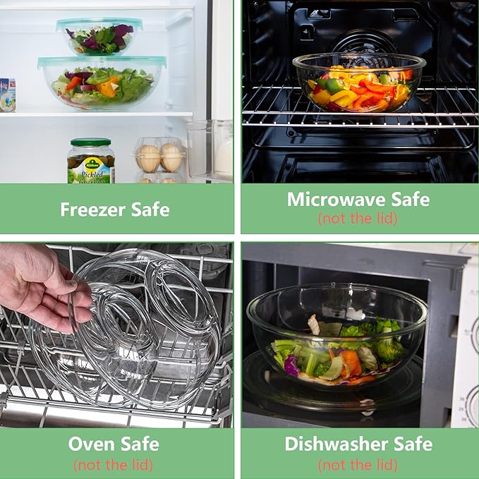 WhiteRhino Glass Mixing Bowl with Lids Set of 4,(1,1.5,2.5,3.7) Large Salad Bowl,Space-Saving Stacking Bowl for Kitchen Food Storage,Glass bowl for Cooking,Baking