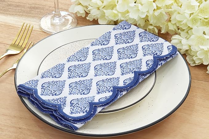 PurpleEssences Scalloped Embroidery Cloth Napkins Christmas Holiday Winter Table Decor 100% Cotton Set of 4-18 x 18 inch - Floral Paisley Edges - Blue