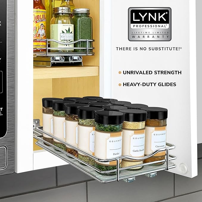 LYNK PROFESSIONAL® Pull Out Spice Rack Organizer for Inside Kitchen Cabinets - 6-3/8 inch Wide - Slide Out Drawer – Chrome Sliding Spice Cabinet Organization Shelf Racks - 1 Tier